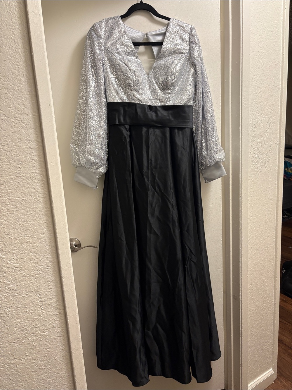 Silver Sequin Bodice Black Satin Skirt Evening Gown
